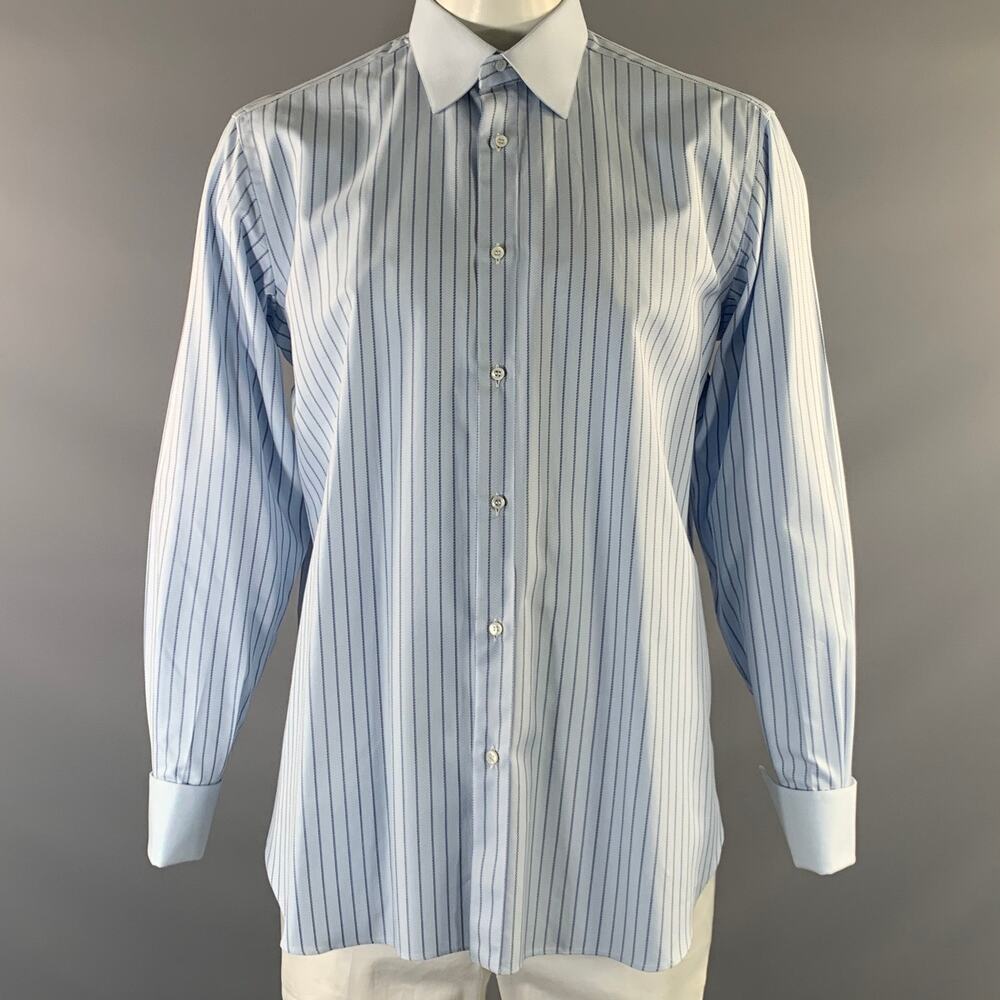 BRIONI Size XL Blue Navy Stripe Cotton Button Up Long Sleeve Shirt